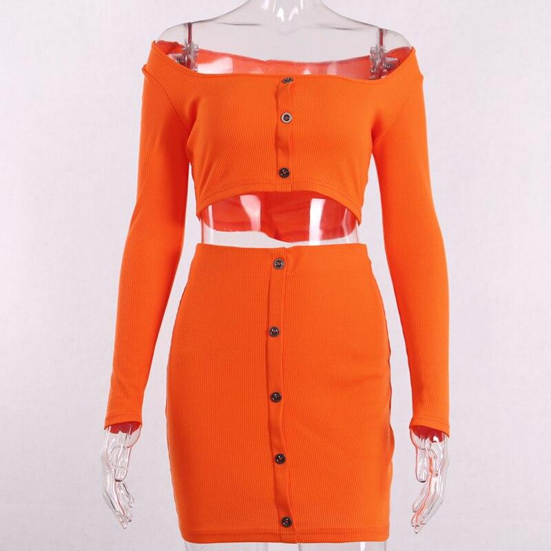 2 Piece Set Women Orange Knitted Off Shoulder Piece Women Spring Summer Button Slash Neck Crop Tops Sexy Mini Skirts