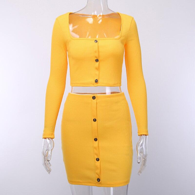 2 Piece Set Women Orange Knitted Off Shoulder Piece Women Spring Summer Button Slash Neck Crop Tops Sexy Mini Skirts