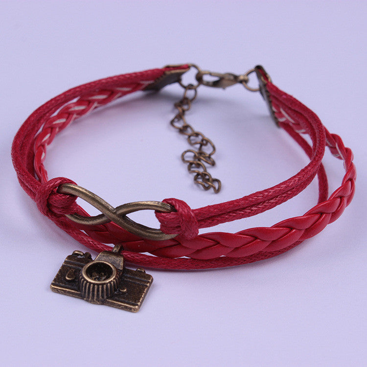 Camera Red Leather Cord Woven Bracelet