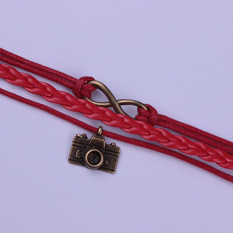 Camera Red Leather Cord Woven Bracelet