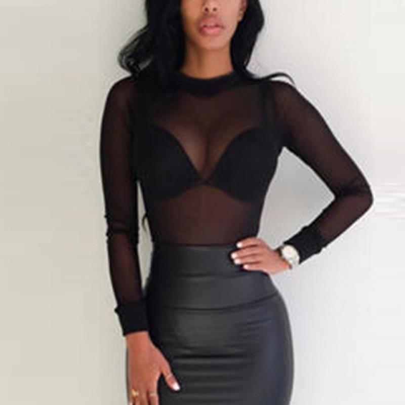 Sexy Women Blouses See Through Transparent Mesh Stand Neck Long Sleeve Sheer Blouse Shirt Ladies Tops