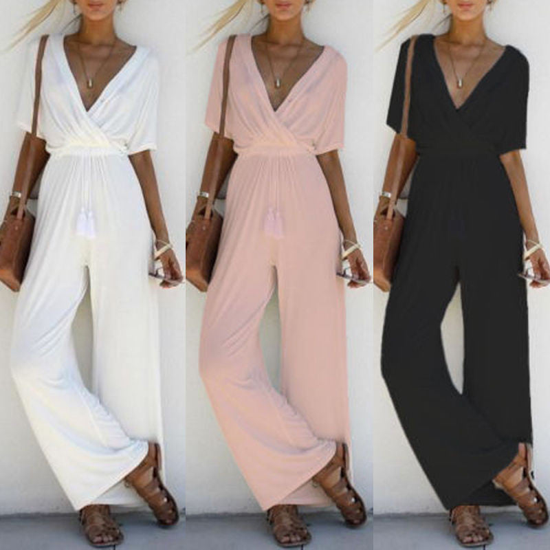 Wide Leg Plain V Neck Short Sleeve Jumpsuits