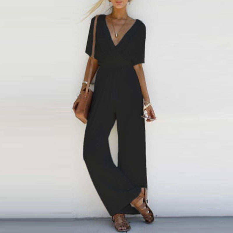 Wide Leg Plain V Neck Short Sleeve Jumpsuits