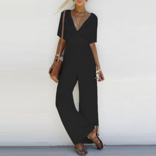 Wide Leg Plain V Neck Short Sleeve Jumpsuits