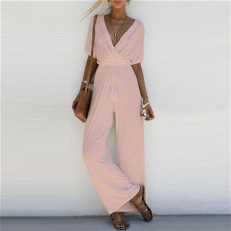 Wide Leg Plain V Neck Short Sleeve Jumpsuits