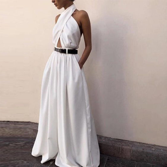 White Wide Leg High Waist Halter Jumpsutis