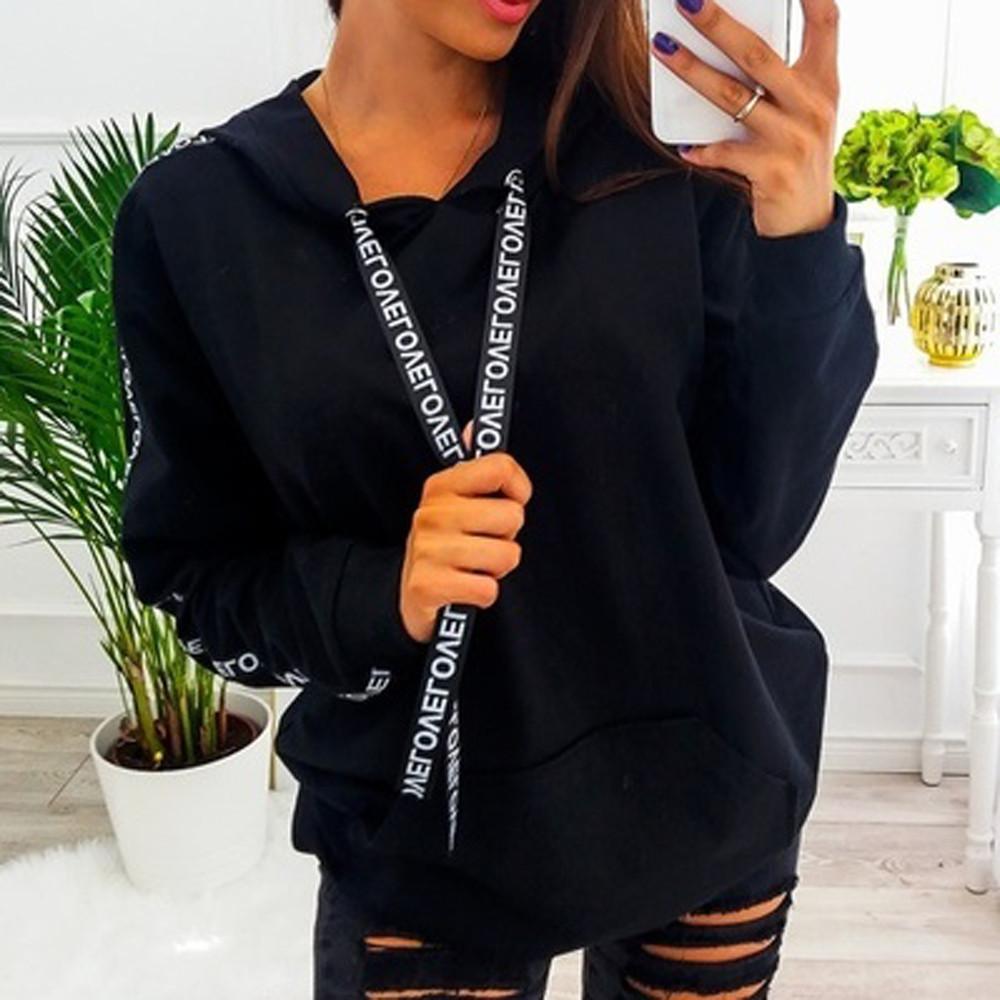 Women Autumn Sweatshirt Women Long Sleeve Solid Hooded Pullover Tops Blouse Letter Print Hoodies