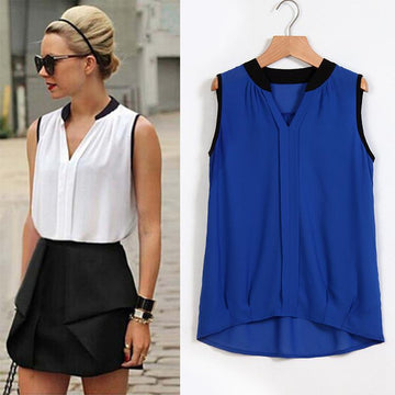 V-neck Patchwork Sleeveless Brief Slim Chiffon Blouse - Meet Yours Fashion - 1