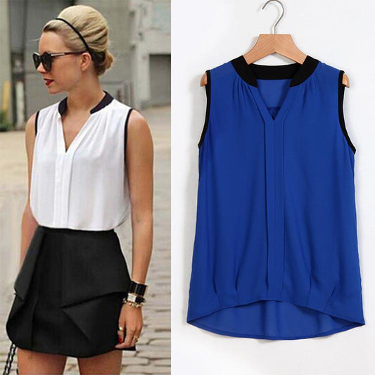 V-neck Patchwork Sleeveless Brief Slim Chiffon Blouse