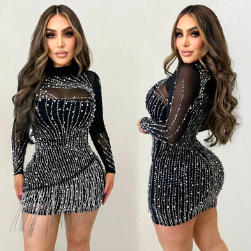 Long Sleeve Dress | Beaded Details Dress | Rhinestones Dress