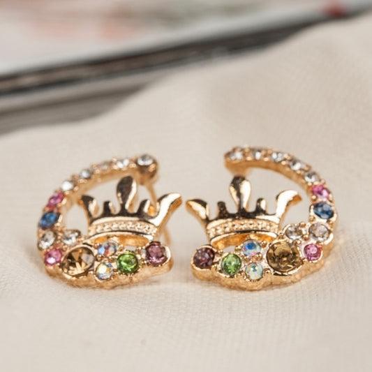 Fashion Ladies Chic Lovely Shinny Crystal Rhinestone Hollow Crown Ear Stud Earring Gift