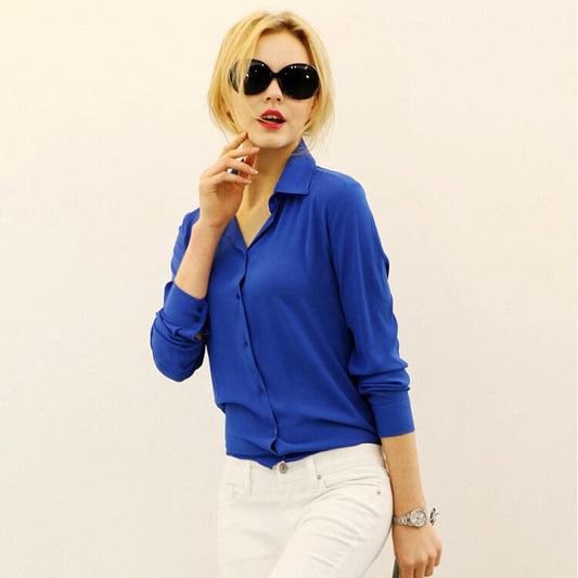 Pure Color Plus Size Chiffon Long Sleeves Blouse Shirt