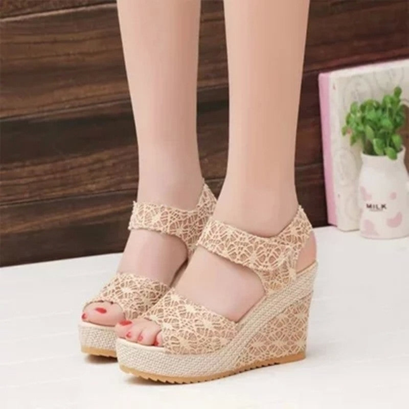 Hollow Out Breathable Velcro Wedge Sandals