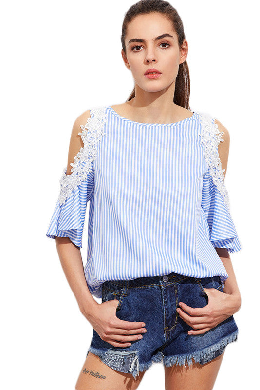 Striped Bear Shoulder Scoop Half Sleeves Blouse