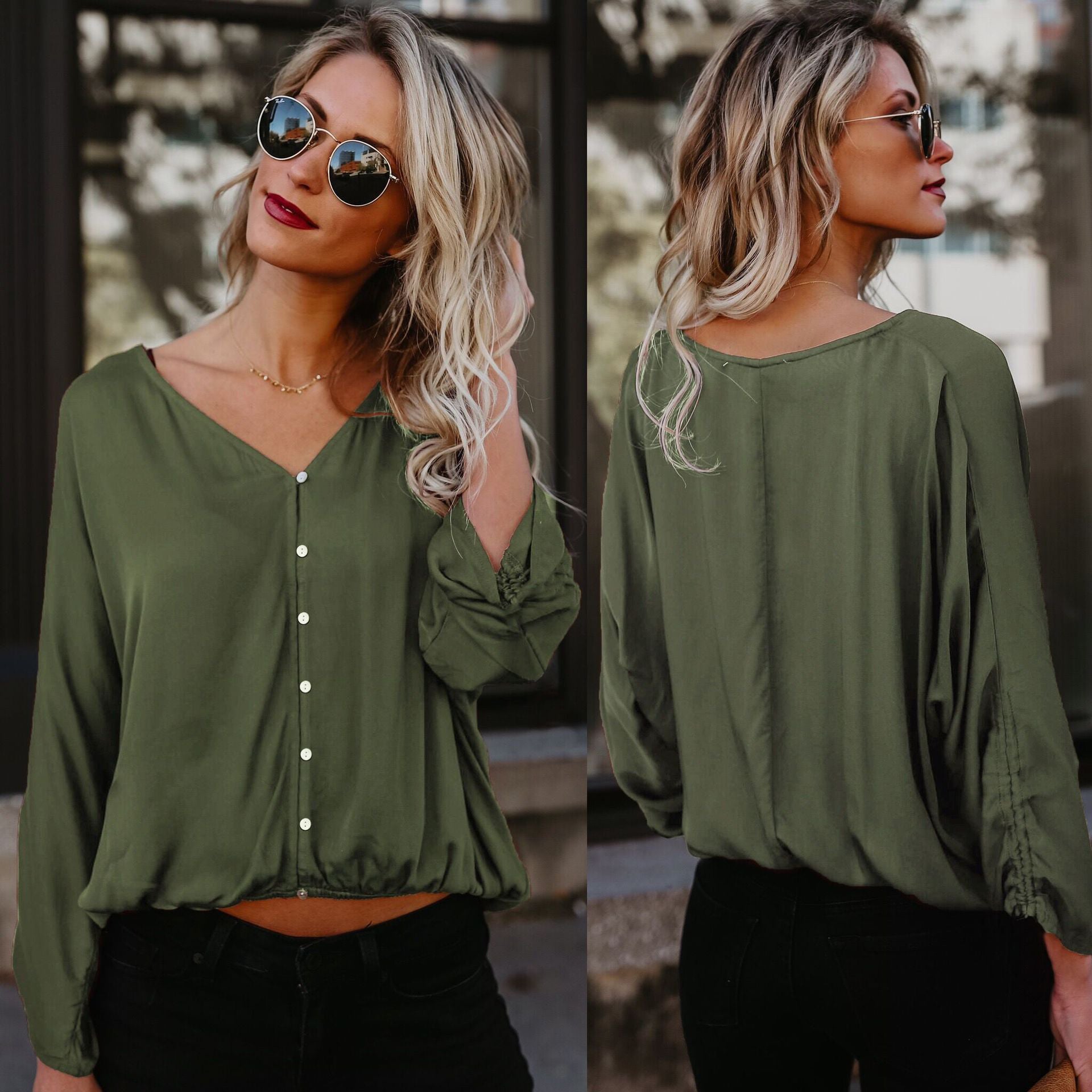 Pure Color V-neck Long Sleeves Regular Loose Blouse