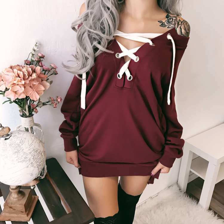 Straps Pure Color Long Sleeves V-neck Short Dress