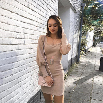 Khaki Bodycon Long Sleeve Belt Square Neck Dress