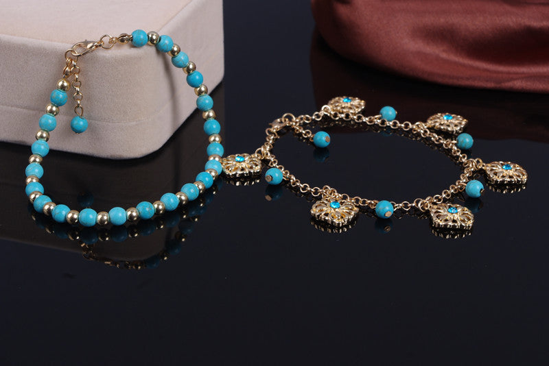 Bohemia Tophus Beads Blue Crystal Flower Tassel Anklet