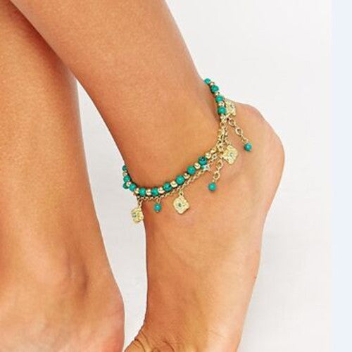 Bohemia Tophus Beads Blue Crystal Flower Tassel Anklet