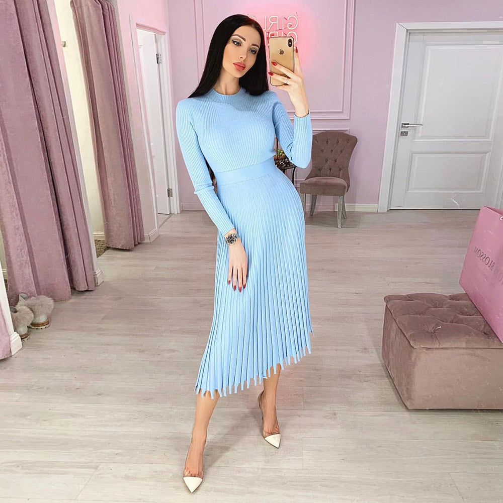 Plain High Waist Long Sleeve Pleated Dress