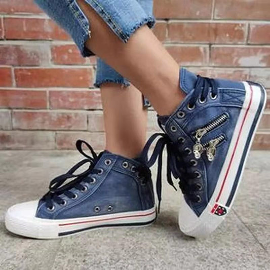 Women’S Denim High-Top Back Lace-UP Design Canvas Sneakers Shoes