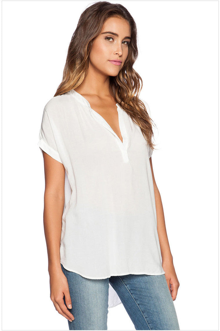 V-neck Pure Color Short Sleeves Loose Chiffon Blouse