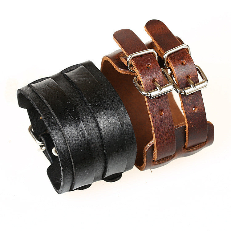 Double Belt Buckle Wide Leather Braclet