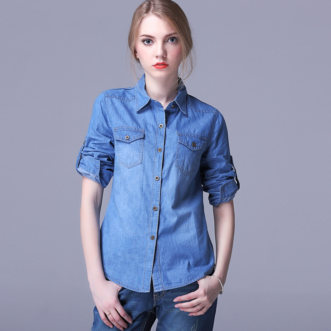 Fashion Denim Long Sleeves Turn-down Collar Slim Blouse