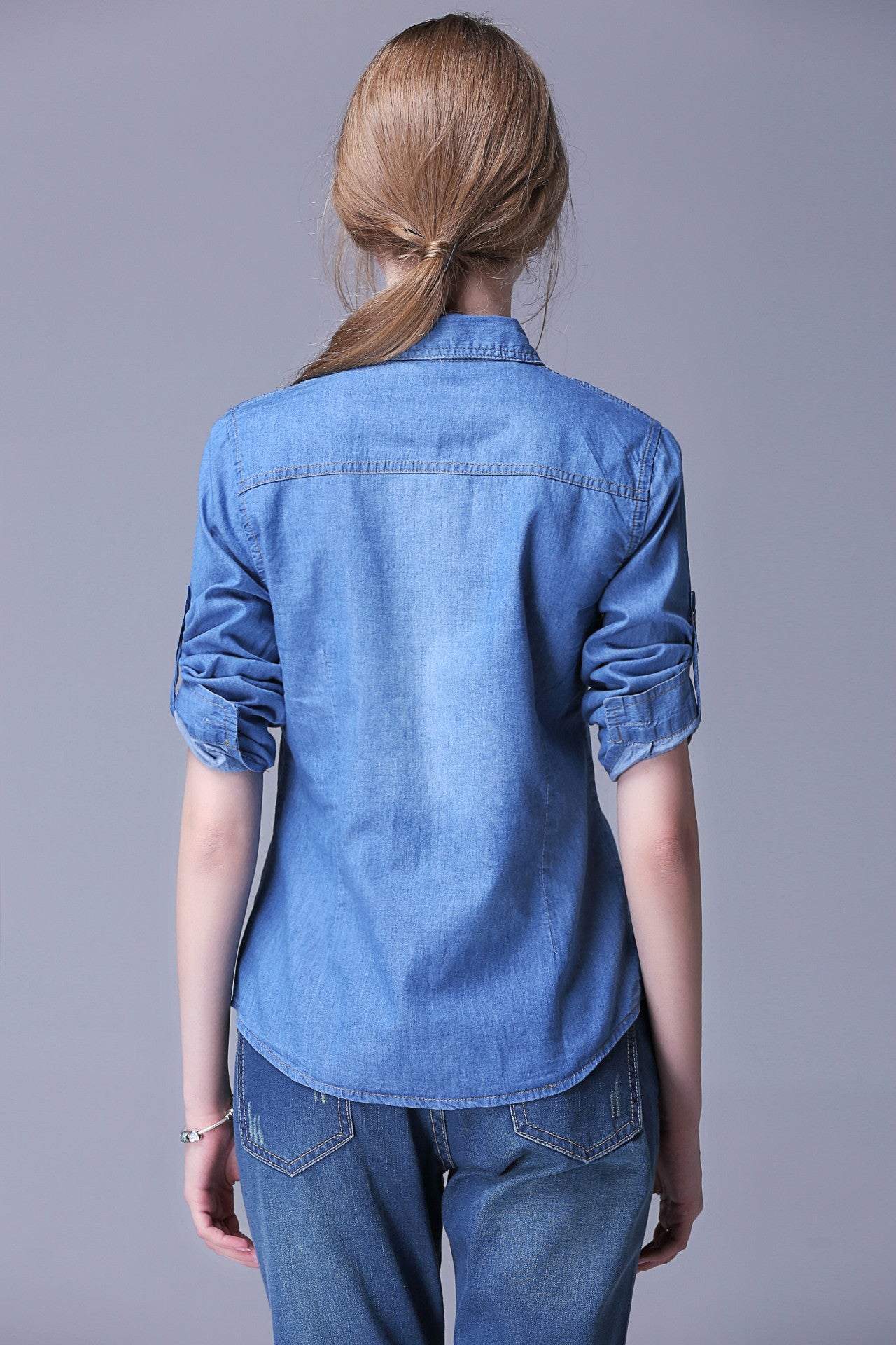 Fashion Denim Long Sleeves Turn-down Collar Slim Blouse