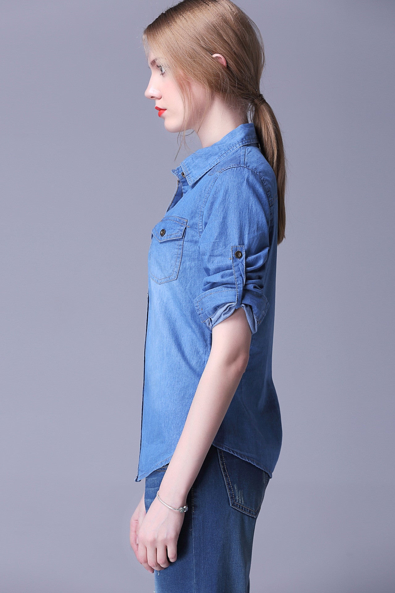 Fashion Denim Long Sleeves Turn-down Collar Slim Blouse