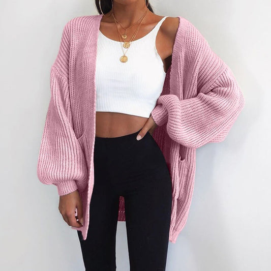 Loose Ribbed Balloon Sleeve Sweater Cardigan