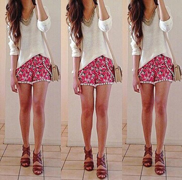 Irregular Crossover Elastic Flower Print Balls Hot Shorts - Meet Yours Fashion - 1