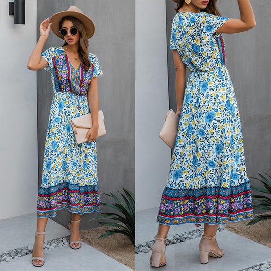 Vintage Floral Short Sleeve Long A Line Dress