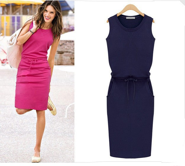 Scoop Slim Bodycon Solid Sleeveless Lace Up Knee-length Dress