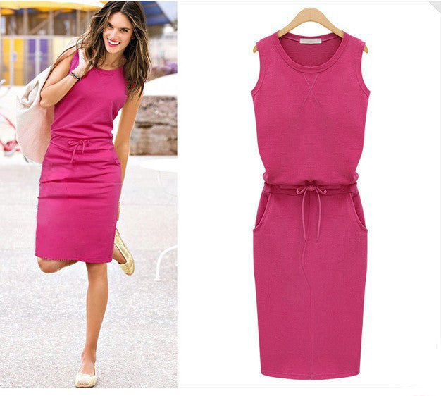 Scoop Slim Bodycon Solid Sleeveless Lace Up Knee-length Dress