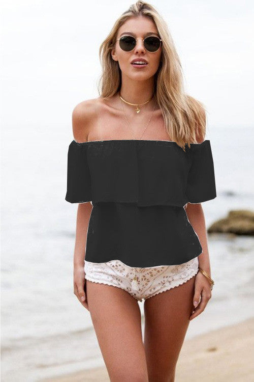 Pure Color Off Shoulder Ruffles Chiffon Blouses