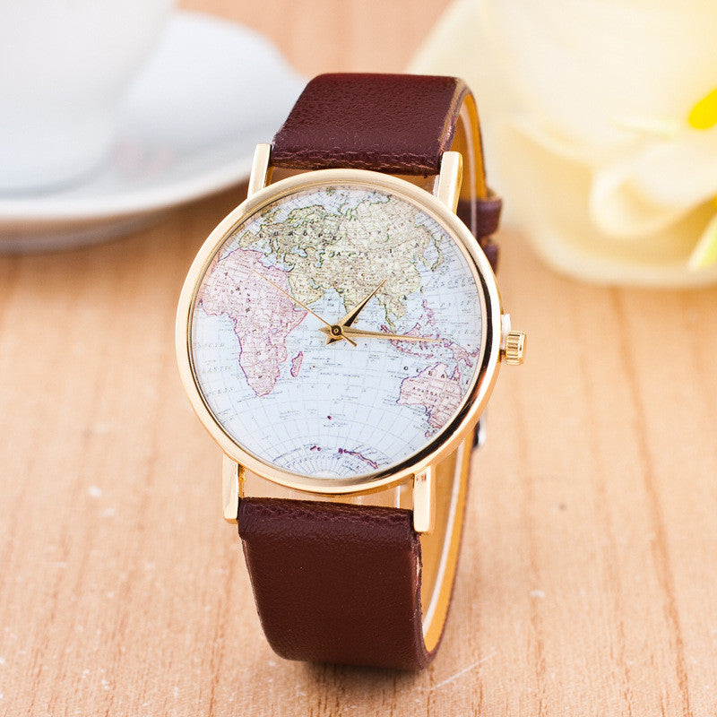 The World Map Faux Leather Strap Watch