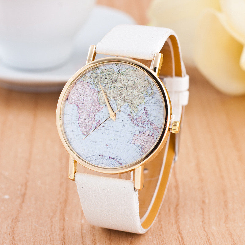 The World Map Faux Leather Strap Watch