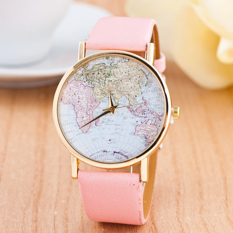 The World Map Faux Leather Strap Watch