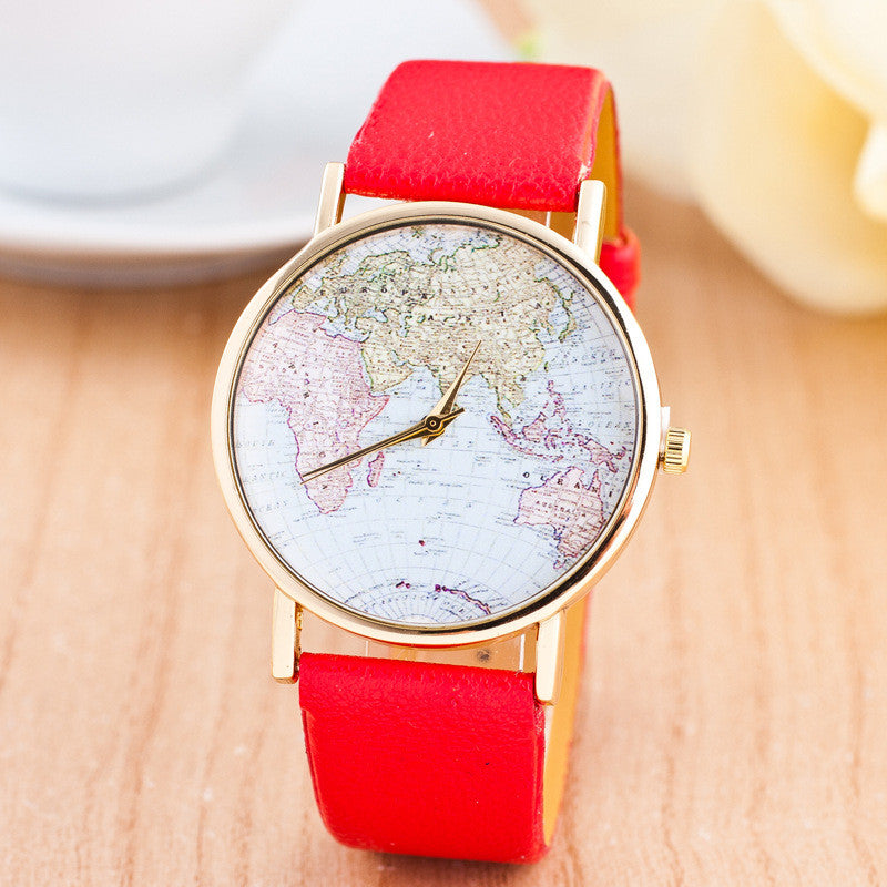 The World Map Faux Leather Strap Watch