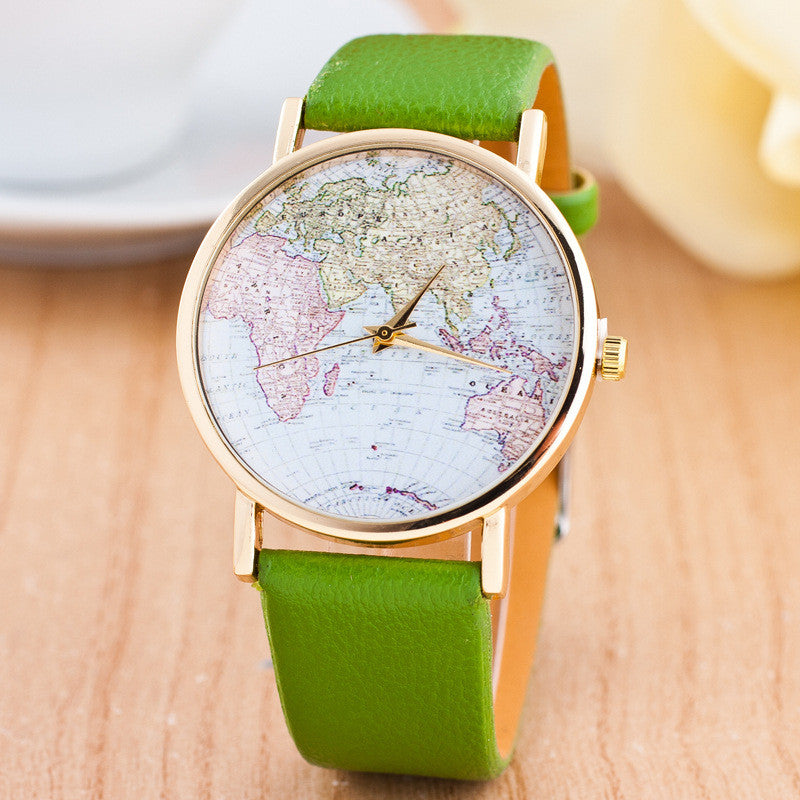 The World Map Faux Leather Strap Watch