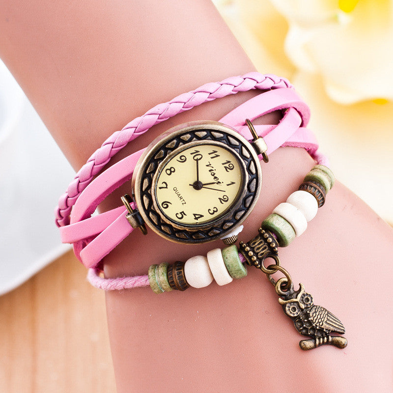 Retro Owl Pendant Woven Bracelet Watch