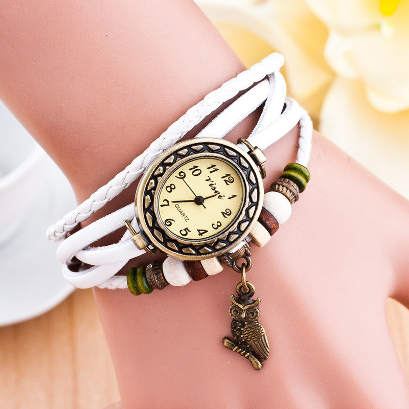 Retro Owl Pendant Woven Bracelet Watch