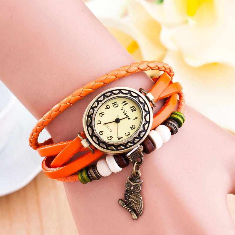 Retro Owl Pendant Woven Bracelet Watch