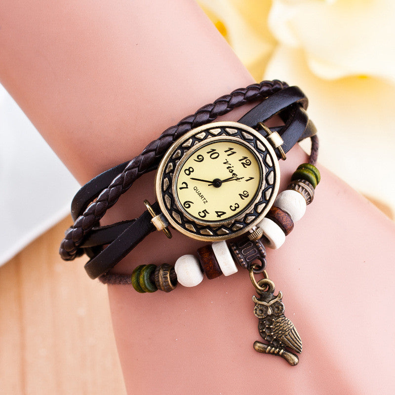 Retro Owl Pendant Woven Bracelet Watch