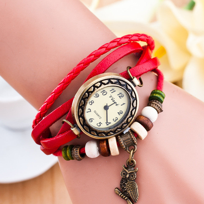 Retro Owl Pendant Woven Bracelet Watch