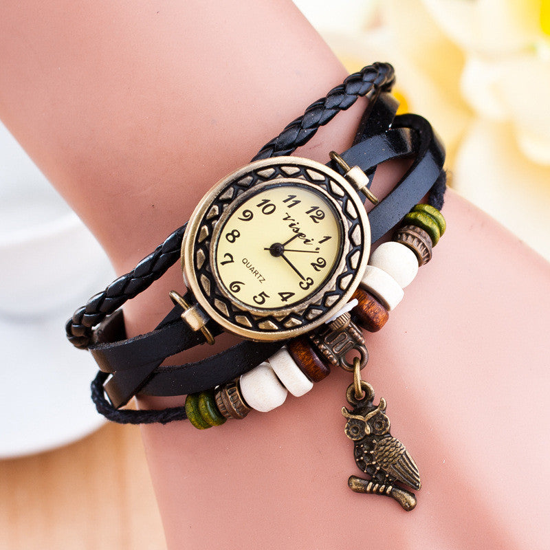 Retro Owl Pendant Woven Bracelet Watch