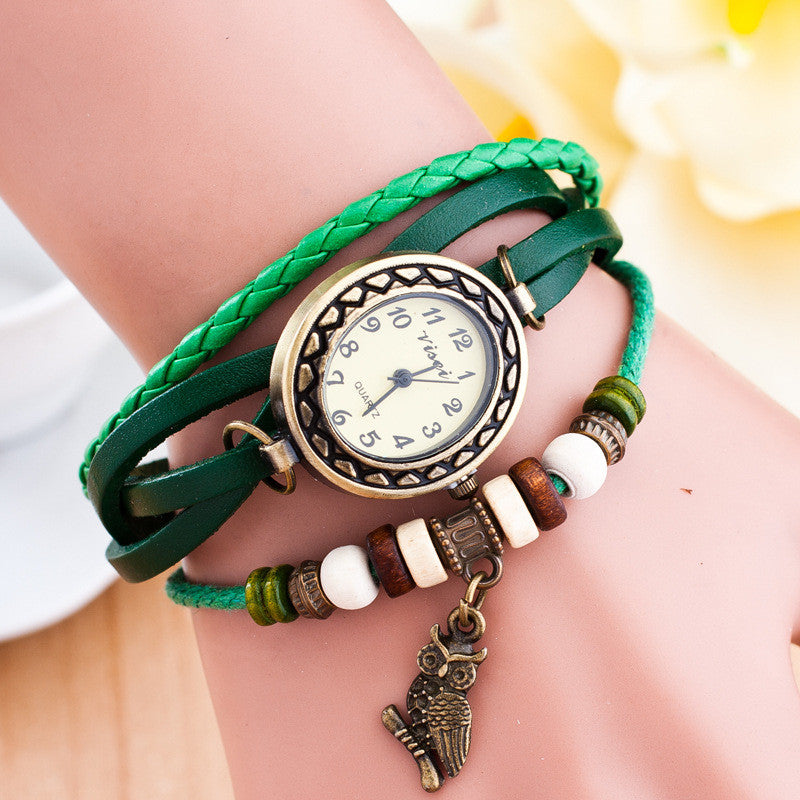 Retro Owl Pendant Woven Bracelet Watch