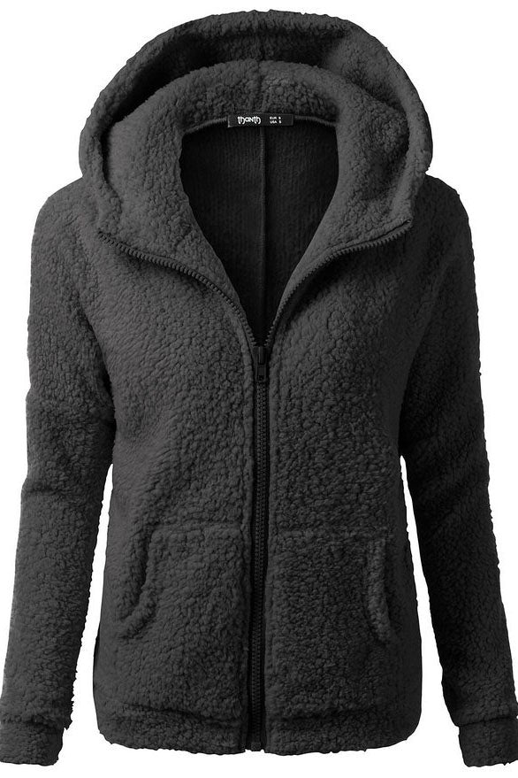 Zipper Pockets Solid Color Hooded Hoodie Coat