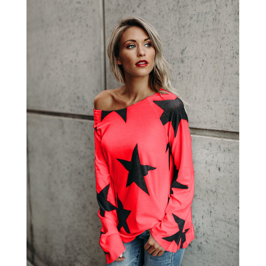 Scoop Stars Print Long Sleeves Loose Long T-shirt